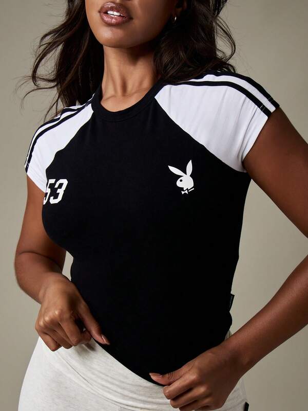 Missguided X Playboy Color Block Raglan Sleeve Fitted Crop T Shirt