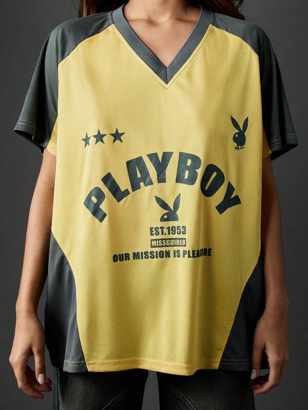 Missguided X Playboy Color Block V-Neck T-Shirt With Logo Print