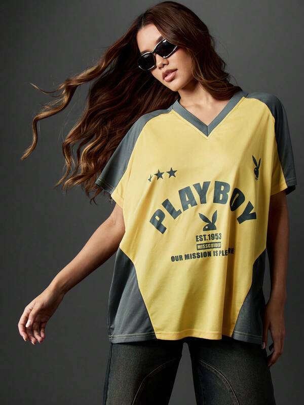 Missguided x Playboy Color Block V-Neck T-Shirt With Logo Print