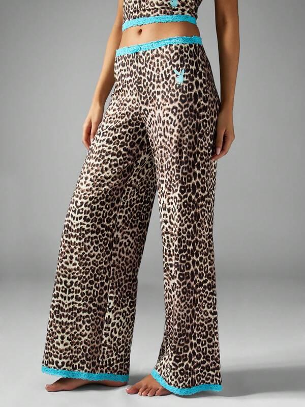 Missguided X Playboy Comfy Playful Animal Print Satin Pajama Set With Lace Trim
