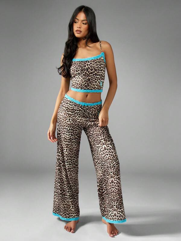 Missguided x Playboy Comfy Playful Animal Print Satin Pajama Set With Lace Trim