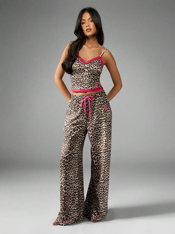Missguided x Playboy Coordinated Pajama Set With Leopard Print Features Hot Pink Trim