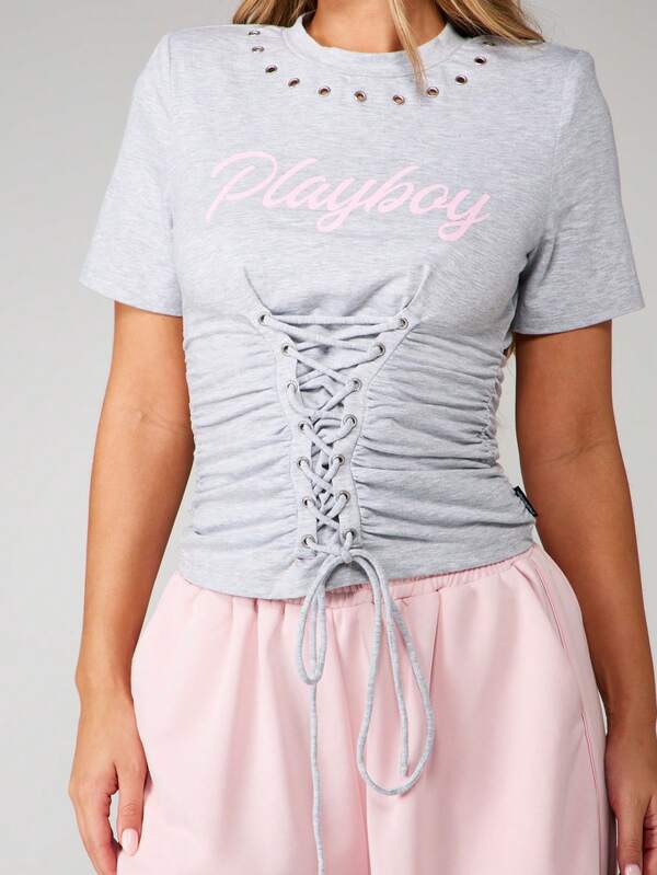 Missguided X Playboy Corset Lace Up T-Shirt With Eyelets
