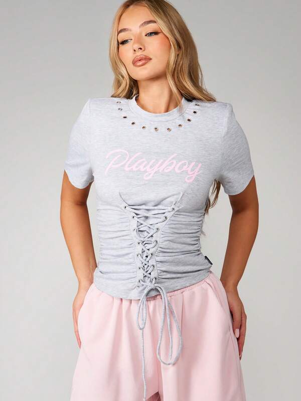 Missguided x Playboy Corset Lace Up T-Shirt With Eyelets