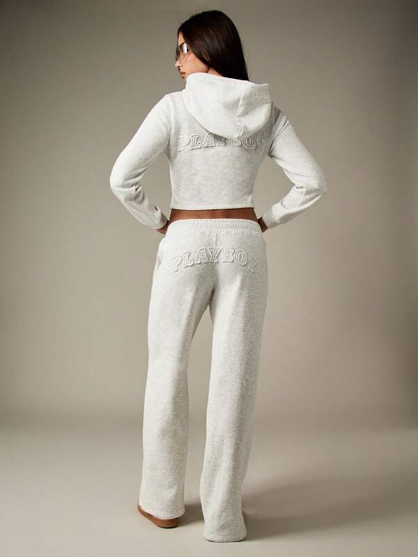 Missguided X Playboy Corset Style Zip Hoodie With Wide Leg Sweatpants