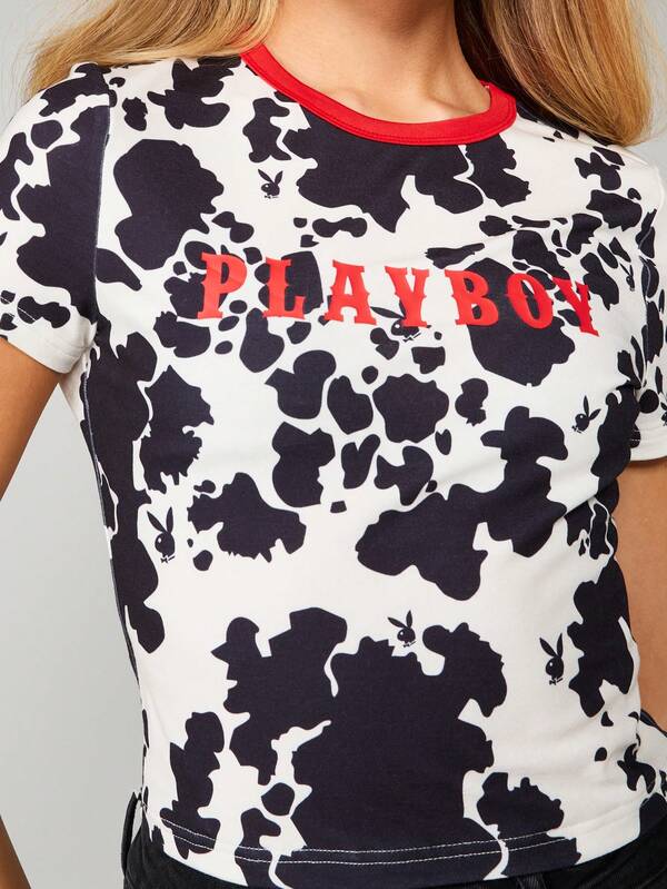 Missguided X Playboy Cow Print Crop Tee With Logo