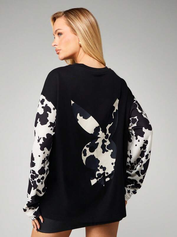 Missguided X Playboy Cow Print Graphic Long Sleeve Tee