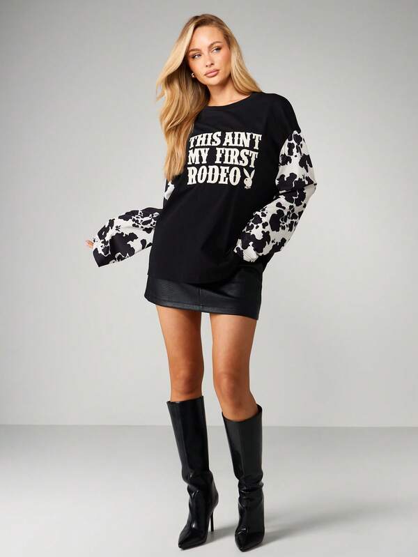 Missguided X Playboy Cow Print Graphic Long Sleeve Tee