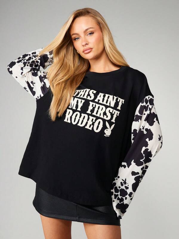Missguided x Playboy Cow Print Graphic Long Sleeve Tee