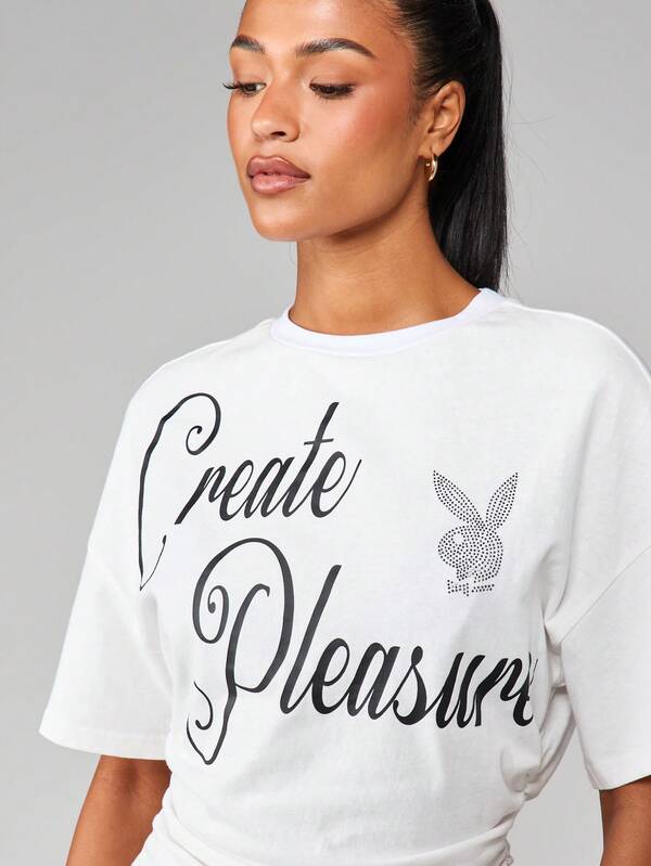 Missguided X Playboy Create Pleasure Rhinestone Bunny Logo Tee