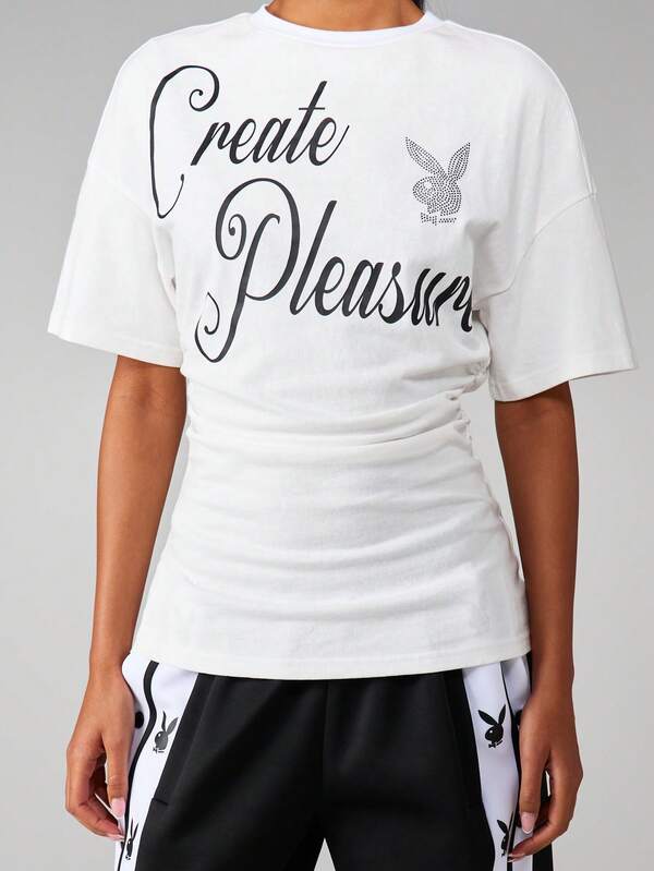 Missguided x Playboy Create Pleasure Rhinestone Bunny Logo Tee