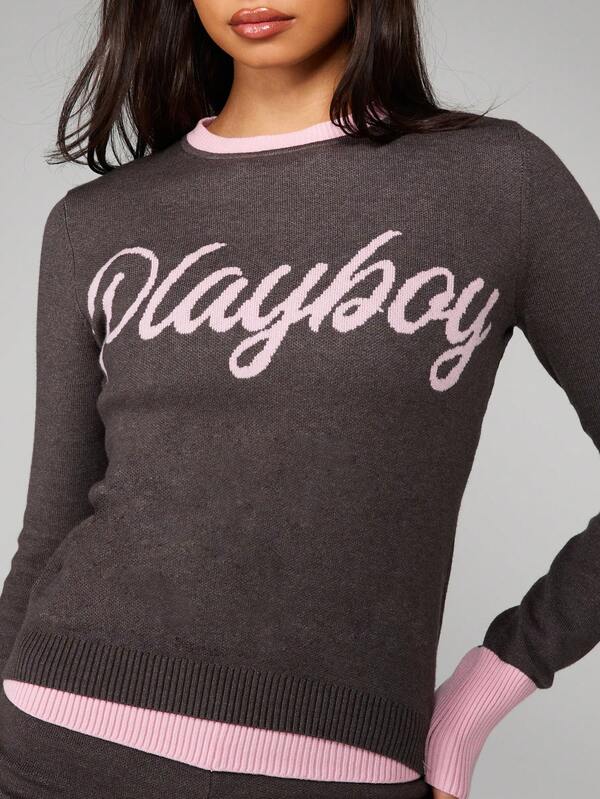 Missguided X Playboy Crew Neck Knit Sweater With Script Logo