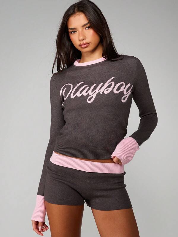 Missguided x Playboy Crew Neck Knit Sweater With Script Logo