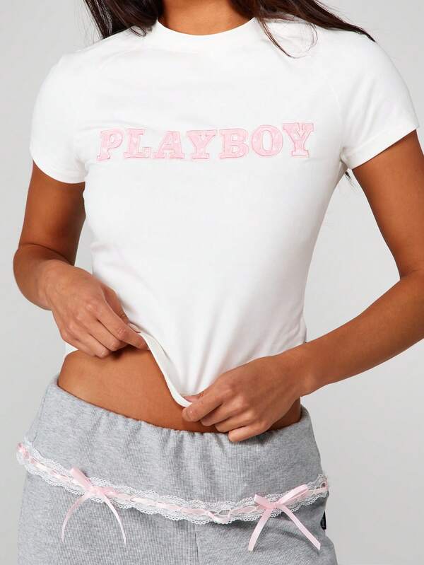 Missguided x Playboy Crew Neck Tee With Pink Logo