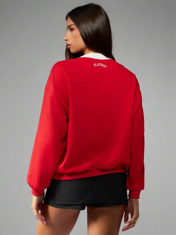 Missguided X Playboy Crew Neck Varsity Sweatshirt With Athletic Department Print