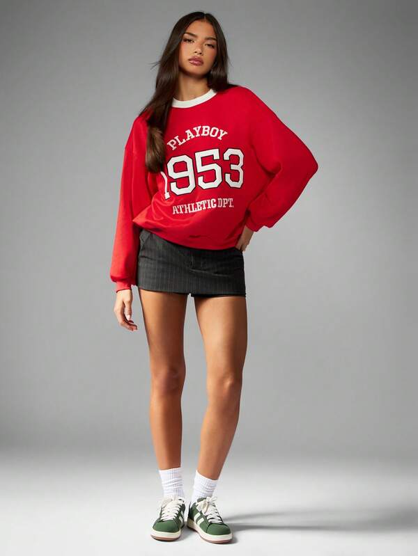 Missguided X Playboy Crew Neck Varsity Sweatshirt With Athletic Department Print