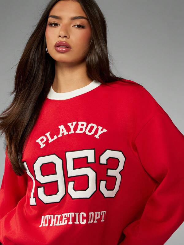 Missguided X Playboy Crew Neck Varsity Sweatshirt With Athletic Department Print