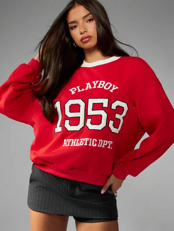 Missguided x Playboy Crew Neck Varsity Sweatshirt With Athletic Department Print
