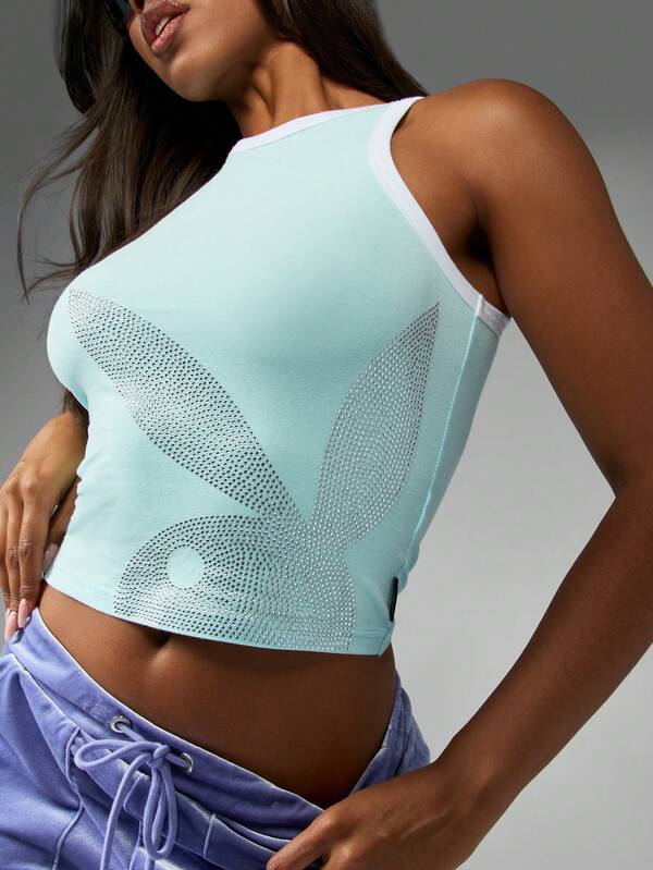 Missguided X Playboy Crop Bunny Rhinestone Sleeveless Fitted Tank Top
