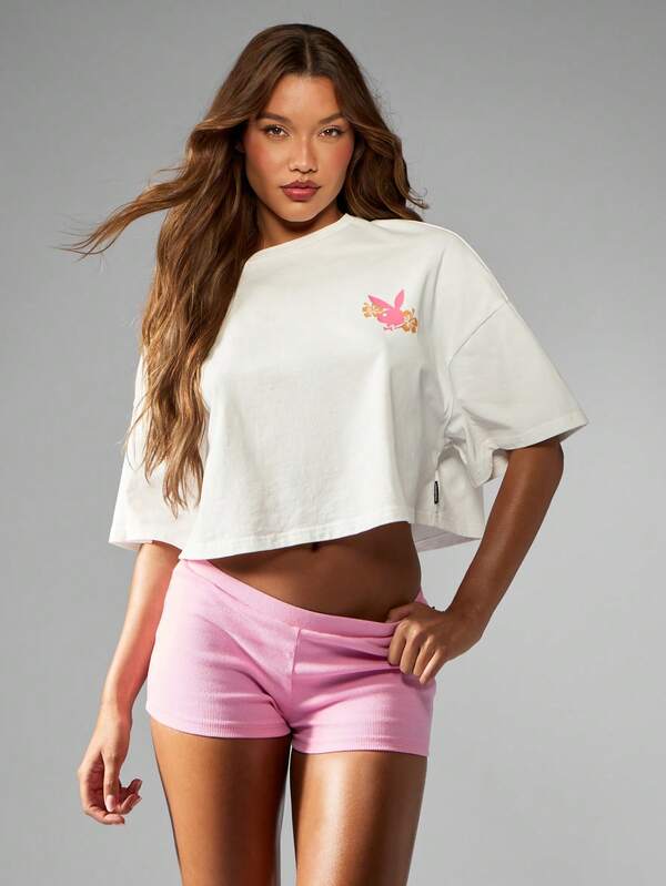 Missguided X Playboy Crop California Surf Style Palm Tree Graphic T-Shirt
