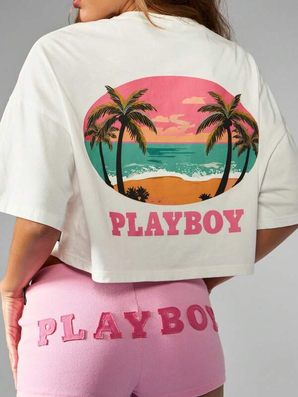Missguided x Playboy Crop California Surf Style Palm Tree Graphic T-Shirt