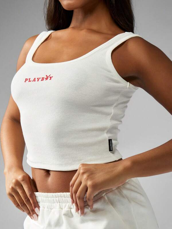 Missguided X Playboy Crop Ribbed Cotton Sleeveless Fitted Tank Top