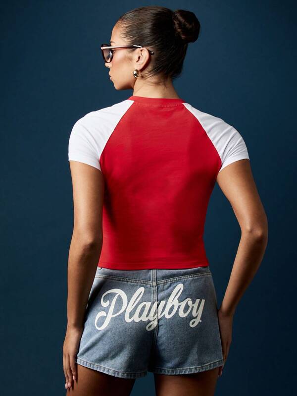 Missguided X Playboy Crop T-Shirt With Raglan Sleeves And Bunny Logo