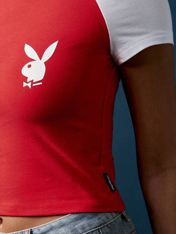 Missguided X Playboy Crop T-Shirt With Raglan Sleeves And Bunny Logo