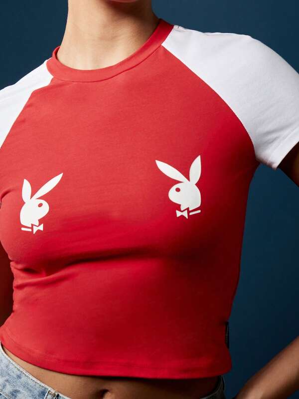 Missguided X Playboy Crop T-Shirt With Raglan Sleeves And Bunny Logo