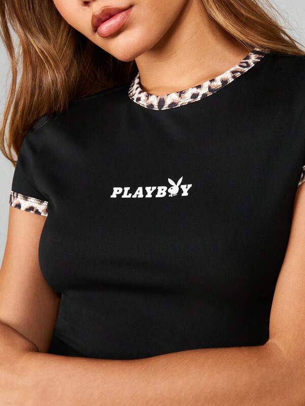 Missguided X Playboy Crop Top With Leopard Print Trim