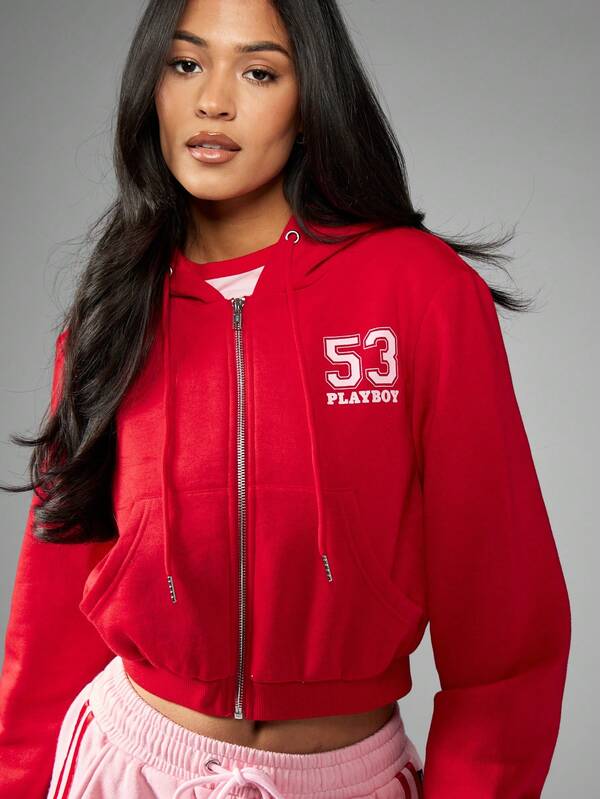 Missguided X Playboy Cropped Athleisure Zip Up Hoodie Sweatshirt With Number Logo