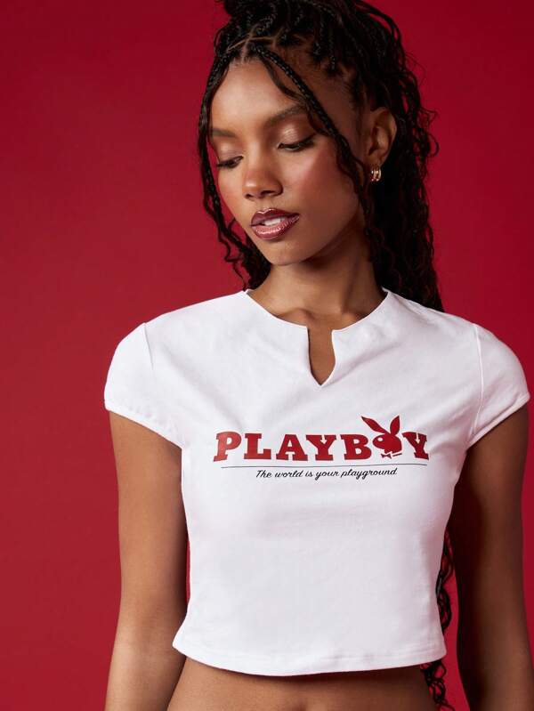 Missguided x Playboy Cropped Baby Tee Notch Neck Short Sleeve T-Shirt Y2K Fashion