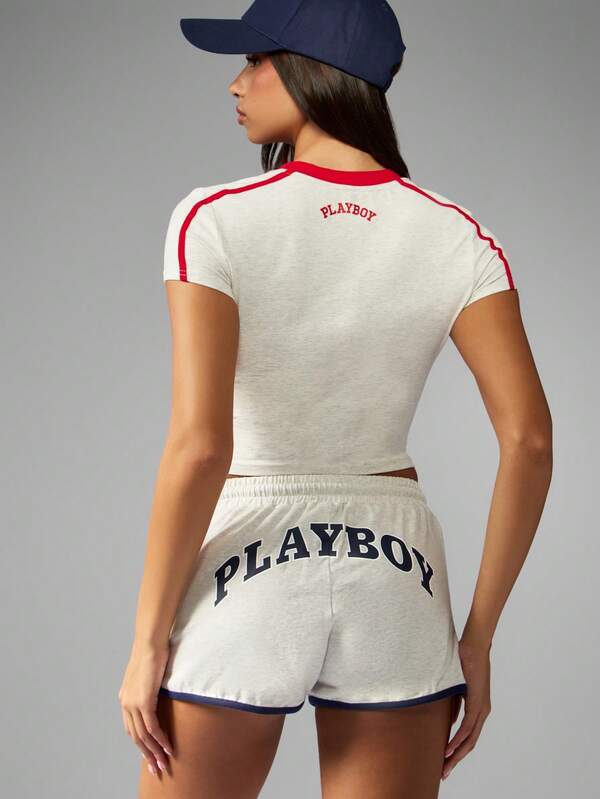 Missguided X Playboy Cropped Baby Tee With Red Trim And Number Detail