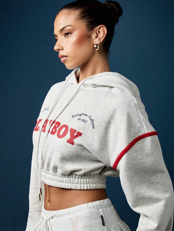 Missguided X Playboy Cropped Bubble Hem Hoodie With Gathered Waist