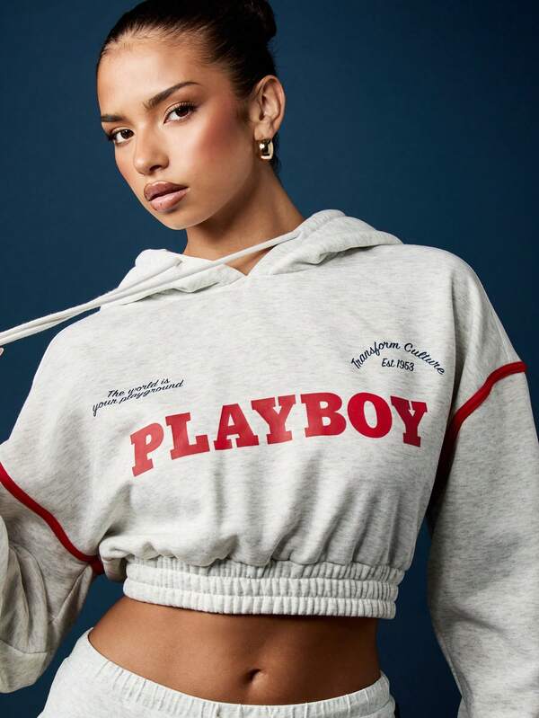 Missguided X Playboy Cropped Bubble Hem Hoodie With Gathered Waist