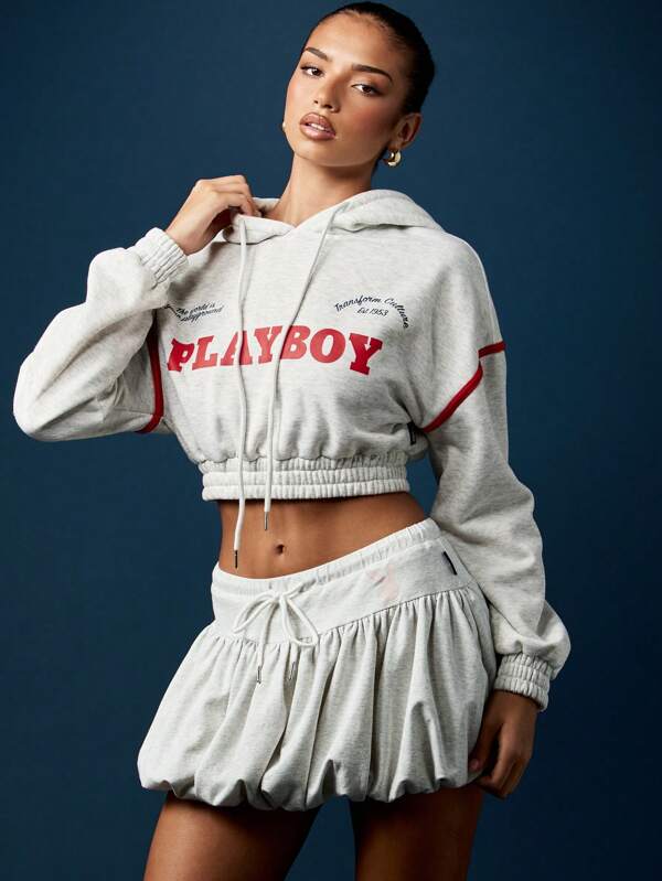 Missguided x Playboy Cropped Bubble Hem Hoodie With Gathered Waist