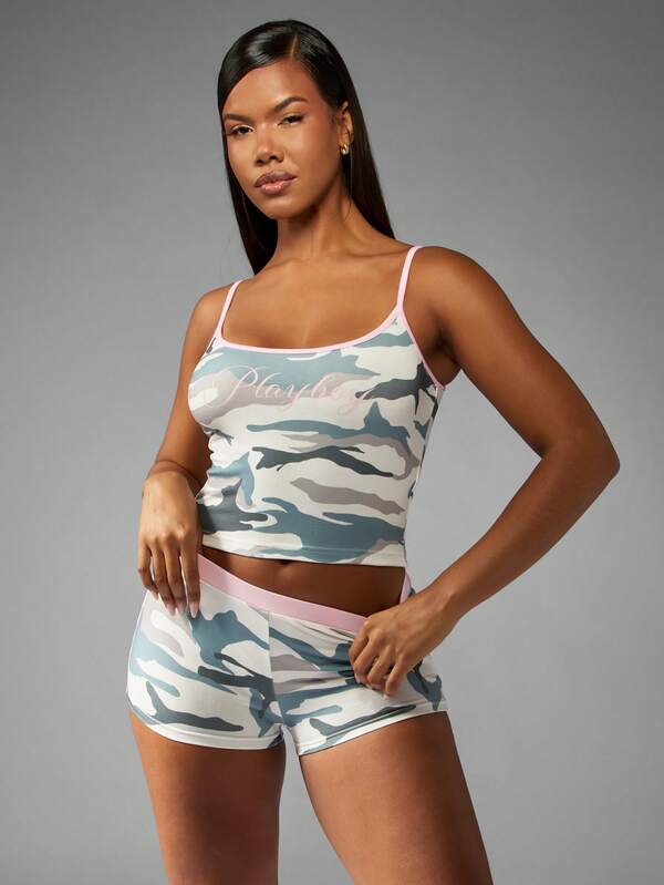 Missguided x Playboy Cropped Cami Tank With Camo Print And Pink Trim