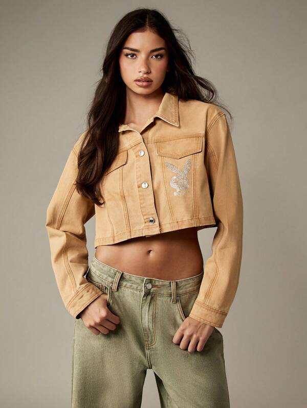 Missguided x Playboy Cropped Denim Jacket With Crystal Bunny Design