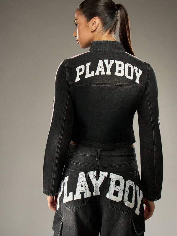 Missguided X Playboy Cropped Denim Moto Jacket With Side Stripes