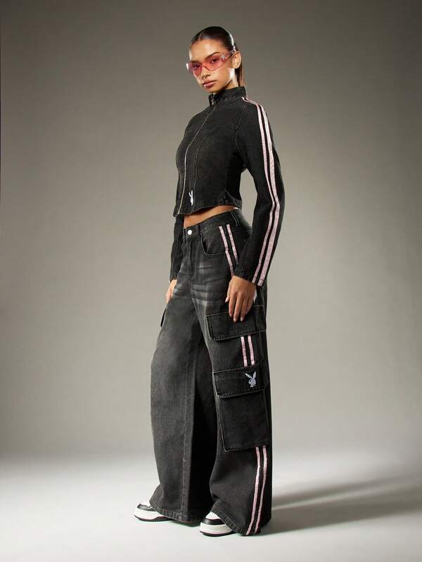 Missguided X Playboy Cropped Denim Moto Jacket With Side Stripes