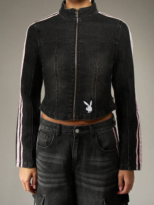 Missguided X Playboy Cropped Denim Moto Jacket With Side Stripes