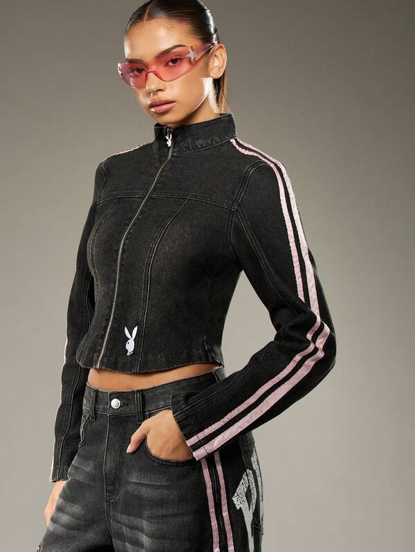 Missguided x Playboy Cropped Denim Moto Jacket With Side Stripes