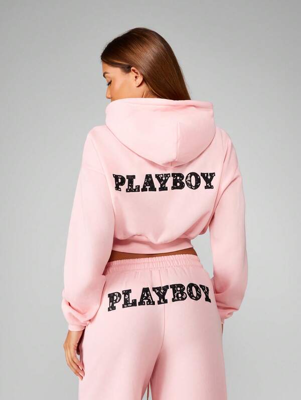 Missguided X Playboy Cropped Full Zip Hooded Sweatshirt With Lace Applique