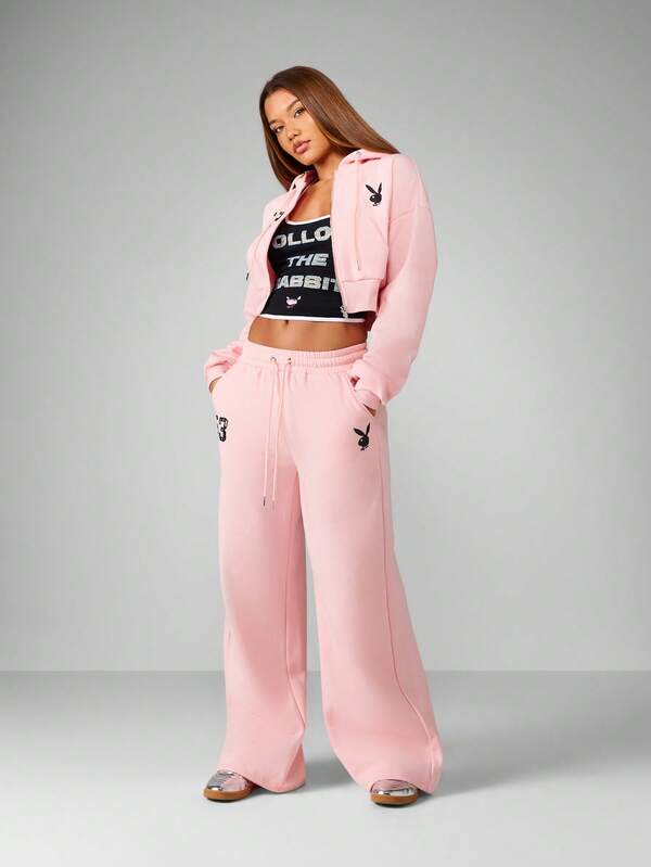 Missguided X Playboy Cropped Full Zip Hooded Sweatshirt With Lace Applique