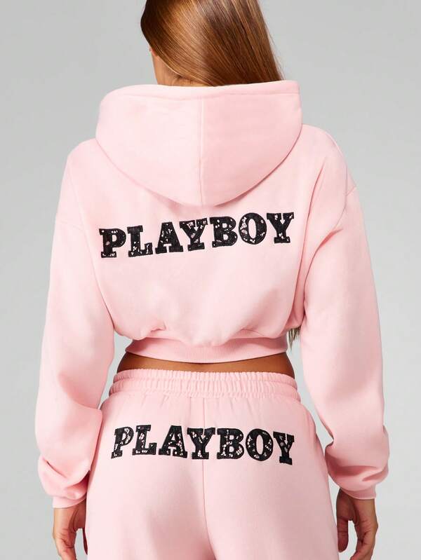 Missguided X Playboy Cropped Full Zip Hooded Sweatshirt With Lace Applique