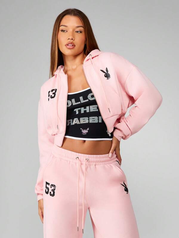 Missguided x Playboy Cropped Full Zip Hooded Sweatshirt With Lace Applique
