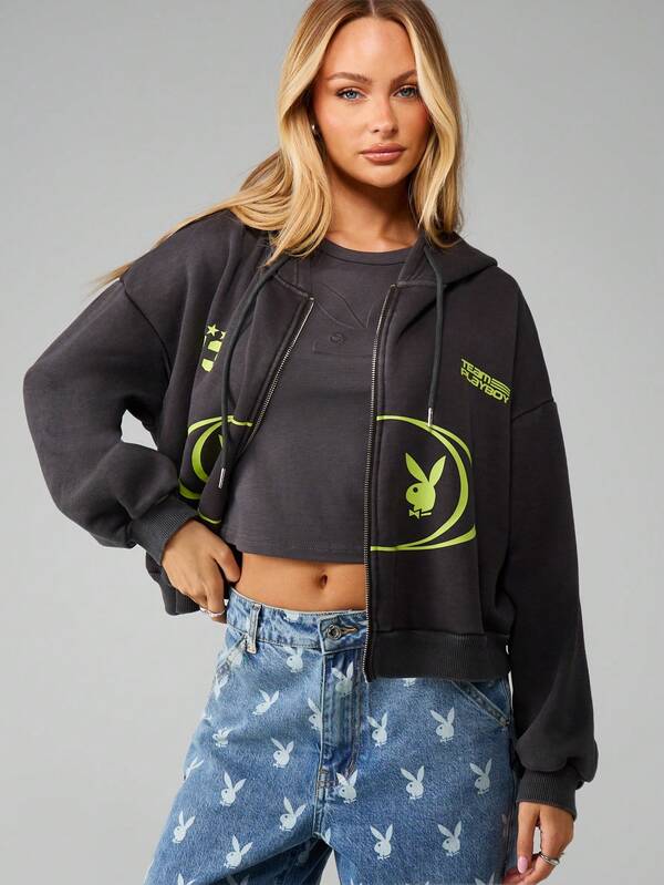 Missguided X Playboy Cropped Full Zip Hoodie With Bunny Logo Design