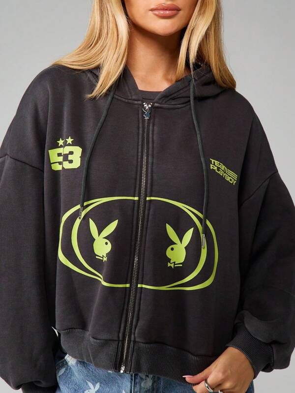 Missguided X Playboy Cropped Full Zip Hoodie With Bunny Logo Design