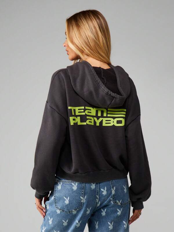 Missguided x Playboy Cropped Full Zip Hoodie With Bunny Logo Design