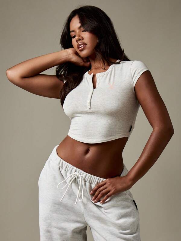Missguided X Playboy Cropped Henley Baby Tee With Button Front And Cap Sleeves